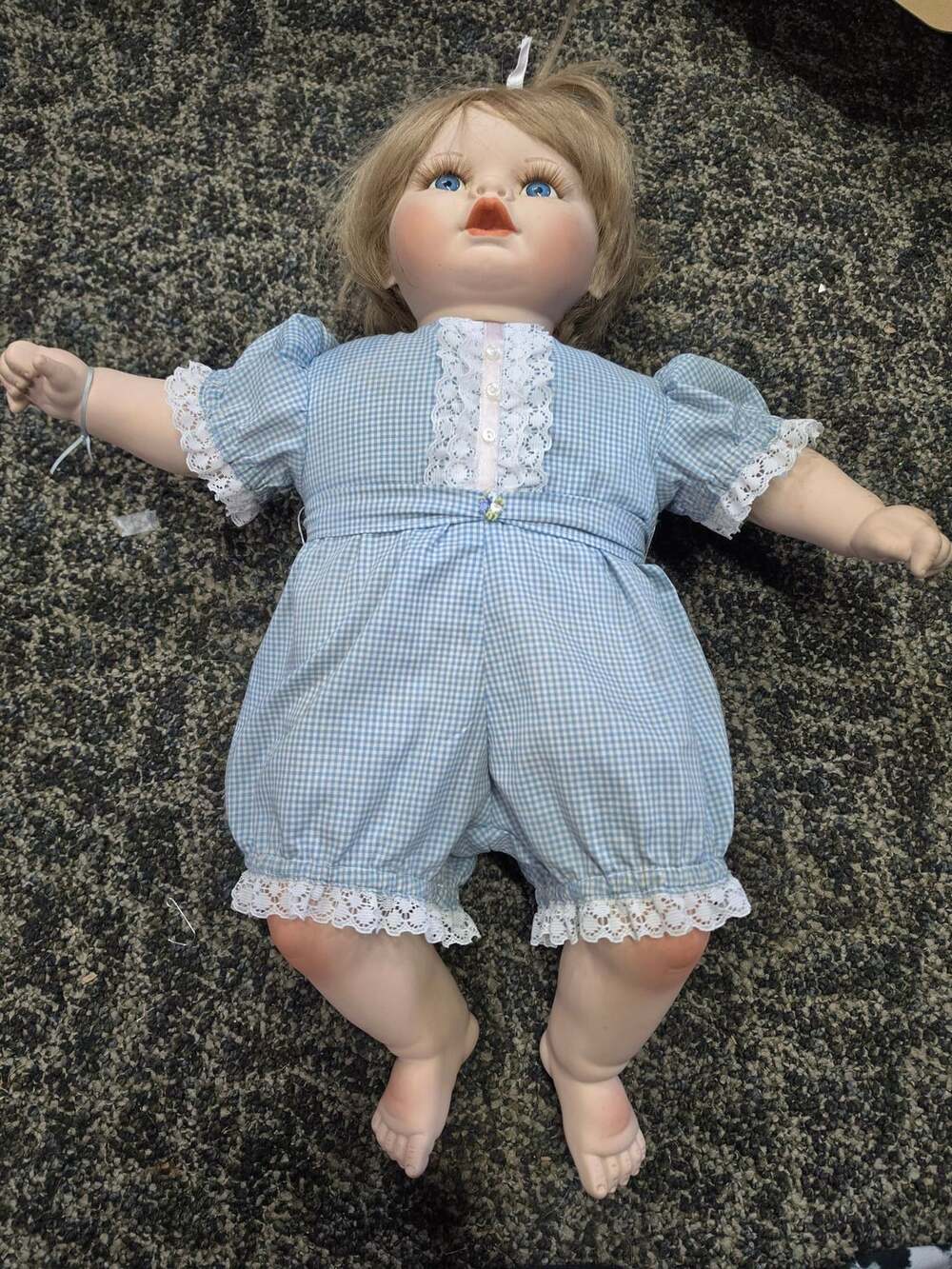 Jane Porcelain Collector Doll Blue Gingham Romper